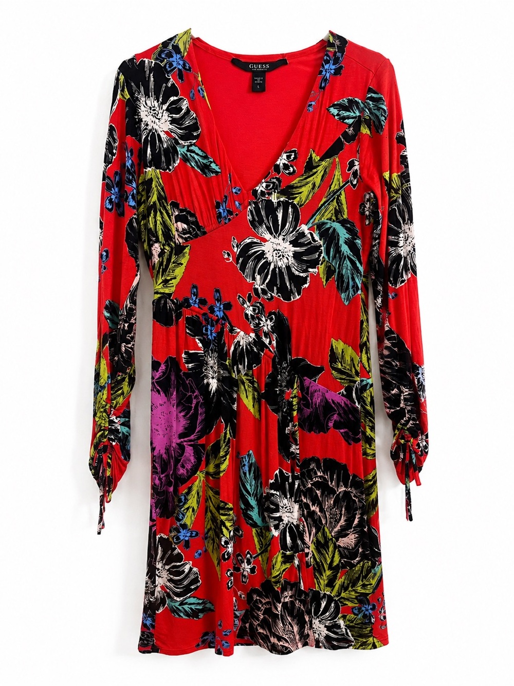 Guess Red Floral Print Wrap Dress Long Sleeve Midi Belted Size Large